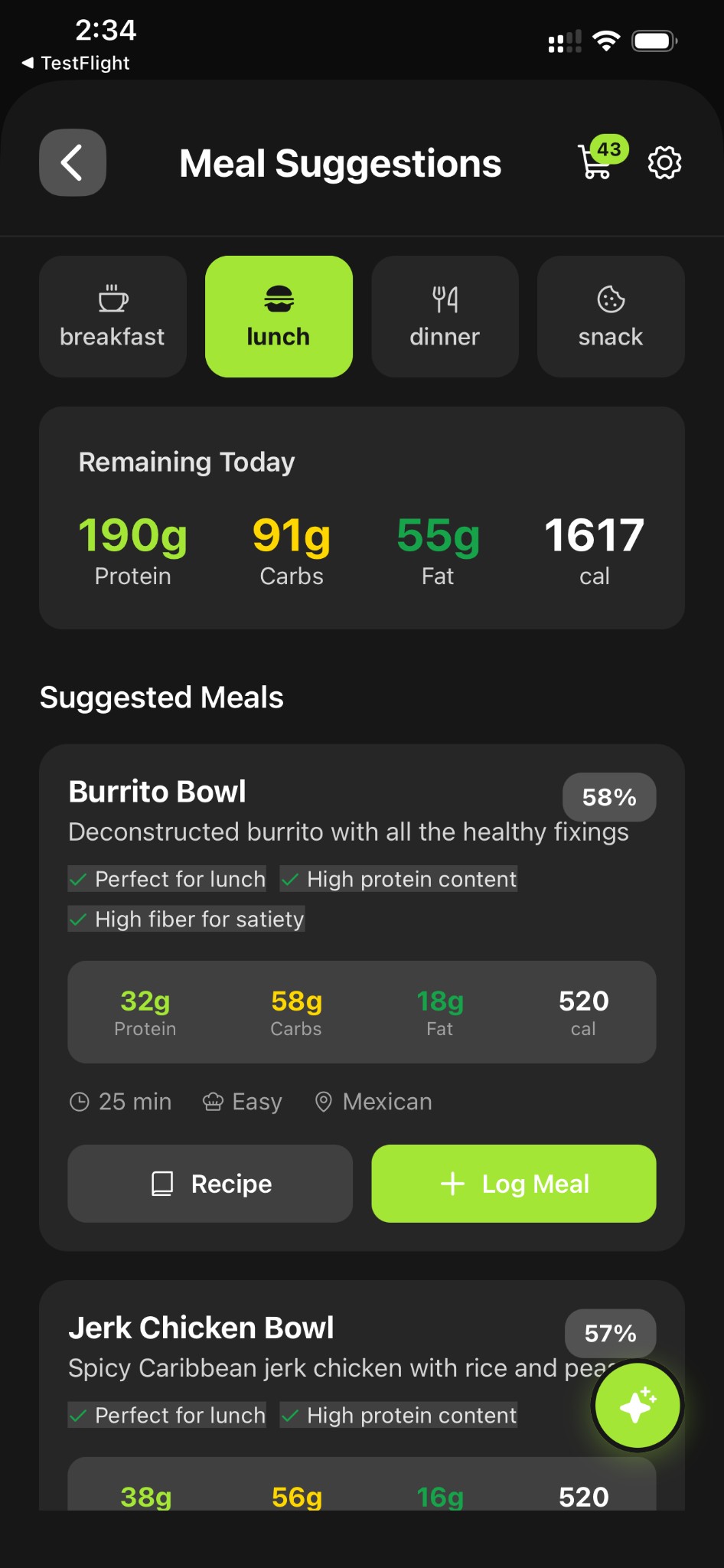 AI-powered meal suggestions showing burrito bowl and jerk chicken with nutritional info