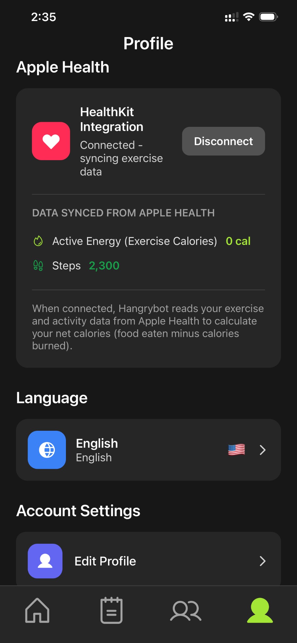 Profile settings with Apple Health integration and language options
